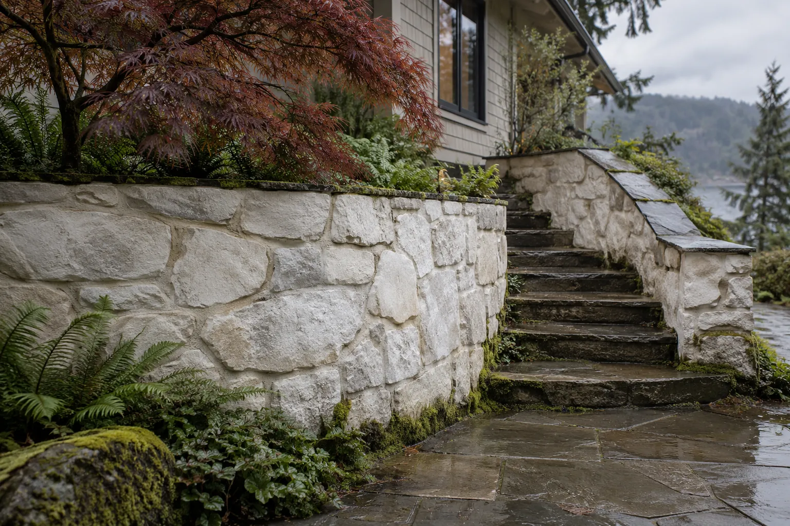 Fieldstone garden retaining wall limewashed in soft bone white